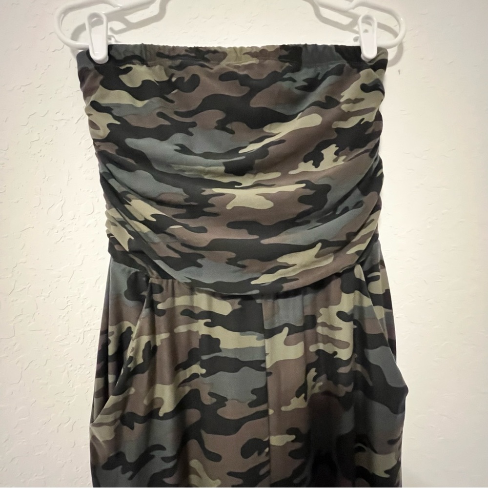 Riley + James Strapless Camouflage Romper in Olive Camo